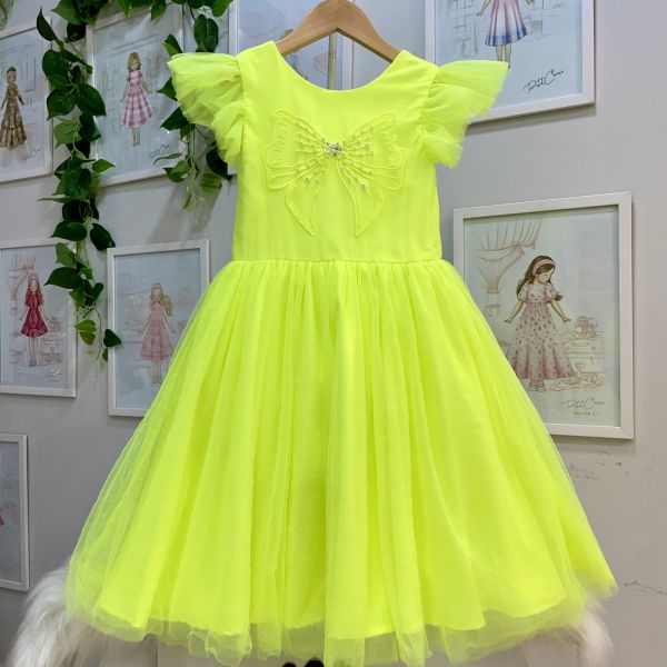 Vestido Infantil de Festa Petit Cherie Verde Neon Sobrep. Tule Bordado Laço Perolas Strass