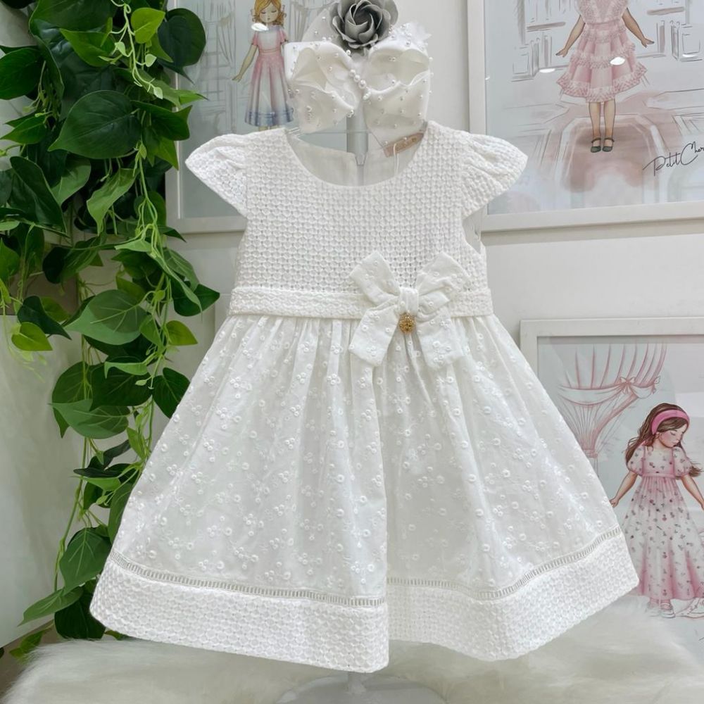 Vestido Infantil de Laise Branco Bordado Petit Cherie 