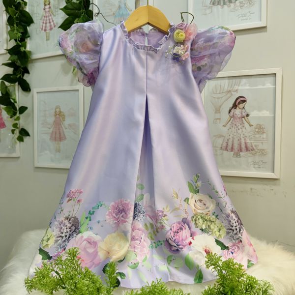 Vestido Infantil de Luxo Kopela Lilás Floral Trapézio Manga Bufante Gazar Broche de Flor