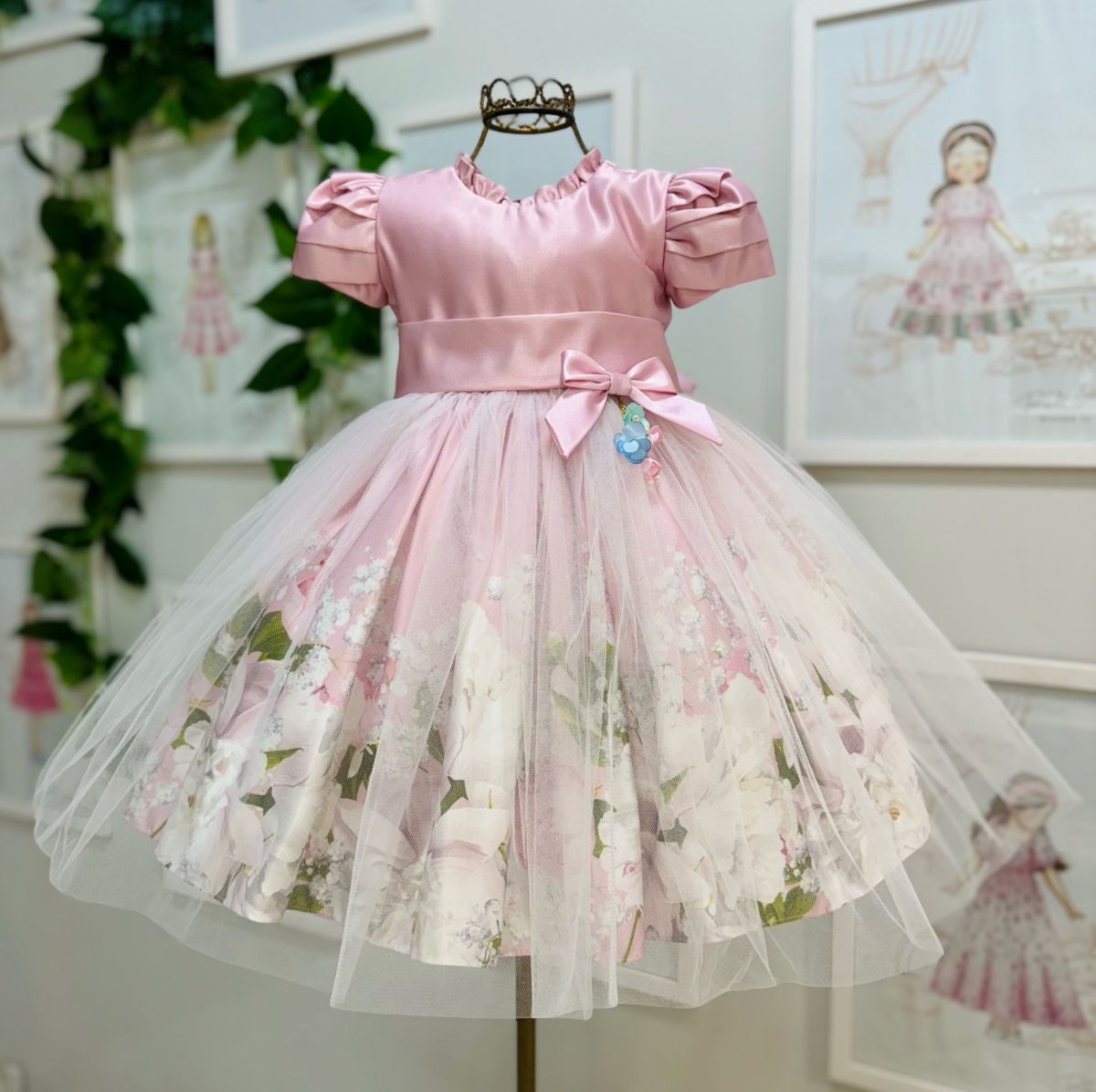 Vestido Infantil de Luxo Kopela Rosa Manga Drapeada Saia Tule Floral