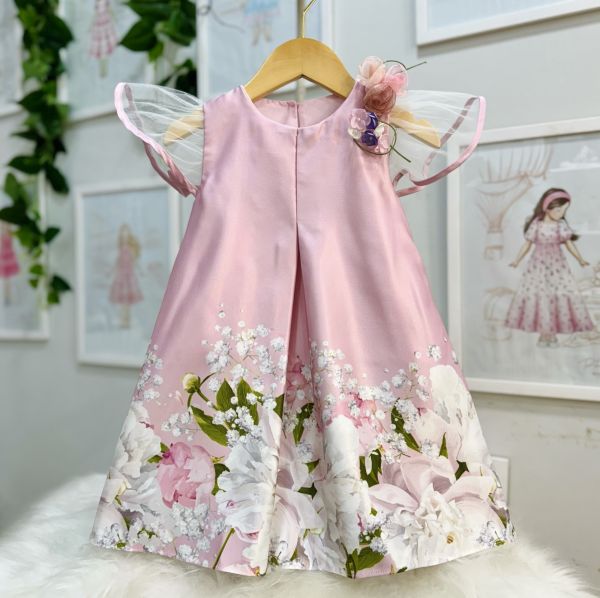 Vestido Infantil de Luxo Kopela Rosa Trapézio Manga Tule Broche de Flor