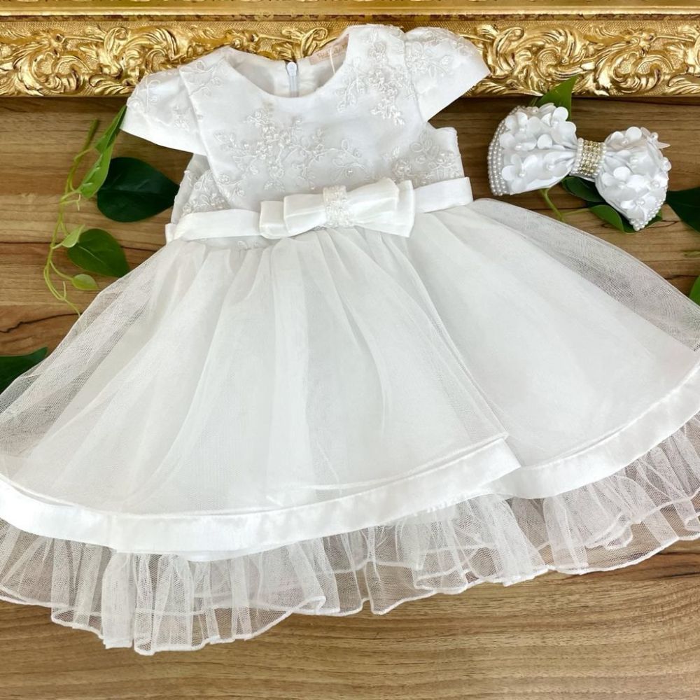 Vestido de Festa Infantil de Tule Bordado com Renda e Pedrarias Amour Branco Petit Cherie