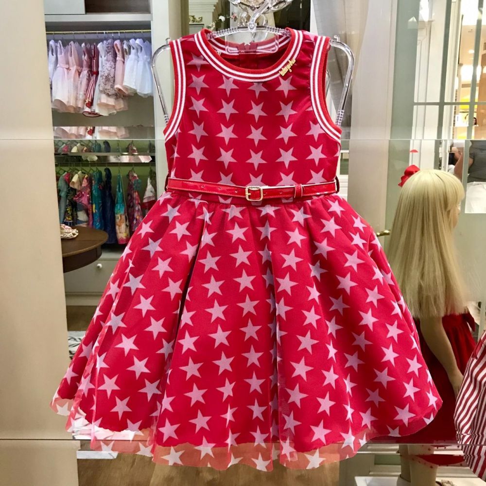 Vestido Infantil de Tule com Cinto Estrelas Fantásticas Vermelho Luluzinha