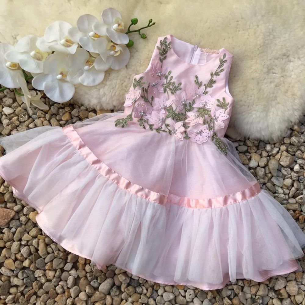 Vestido Infantil de Tule Rosa Bordado com Strass Sweet Flowers Petit Cherie
