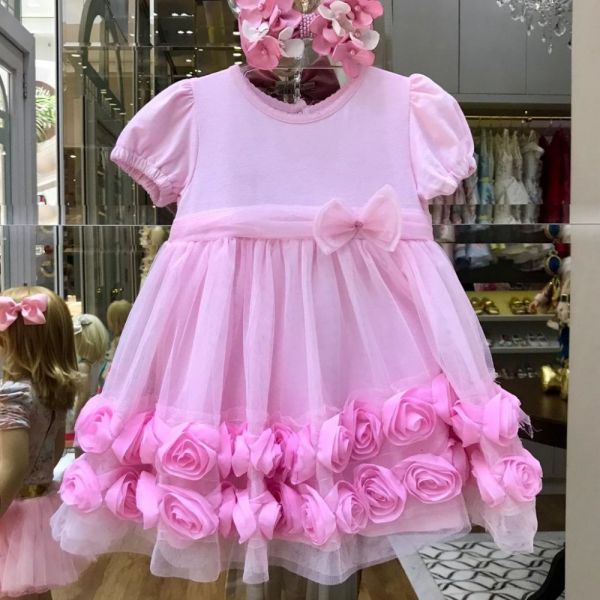 Vestido Infantil de Tule Rosas de Cetim Dream Pink Euro Baby