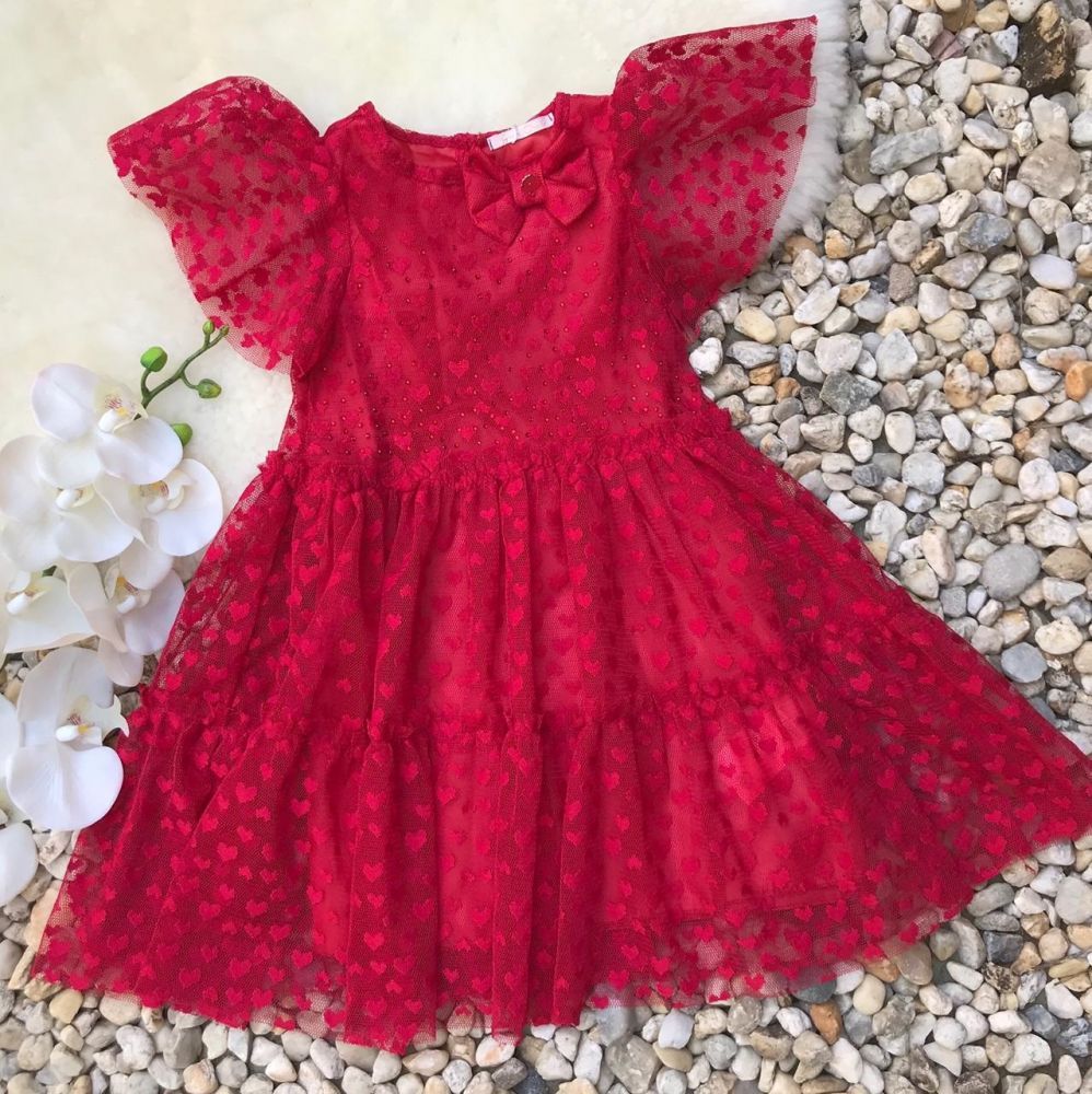 Vestido Infantil de Tule Vermelho Texturizado Corações e Strass Mon Amour Petit Cherie