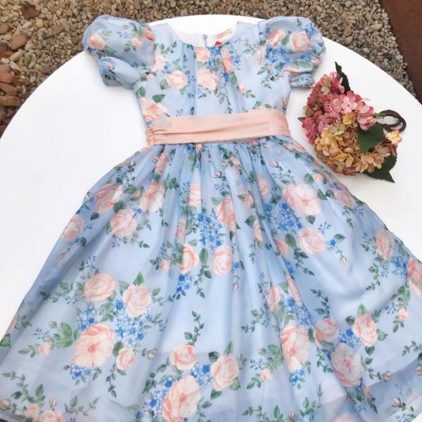 Vestido Infantil Estampa Floral Camponesa Azul Petit Cherie