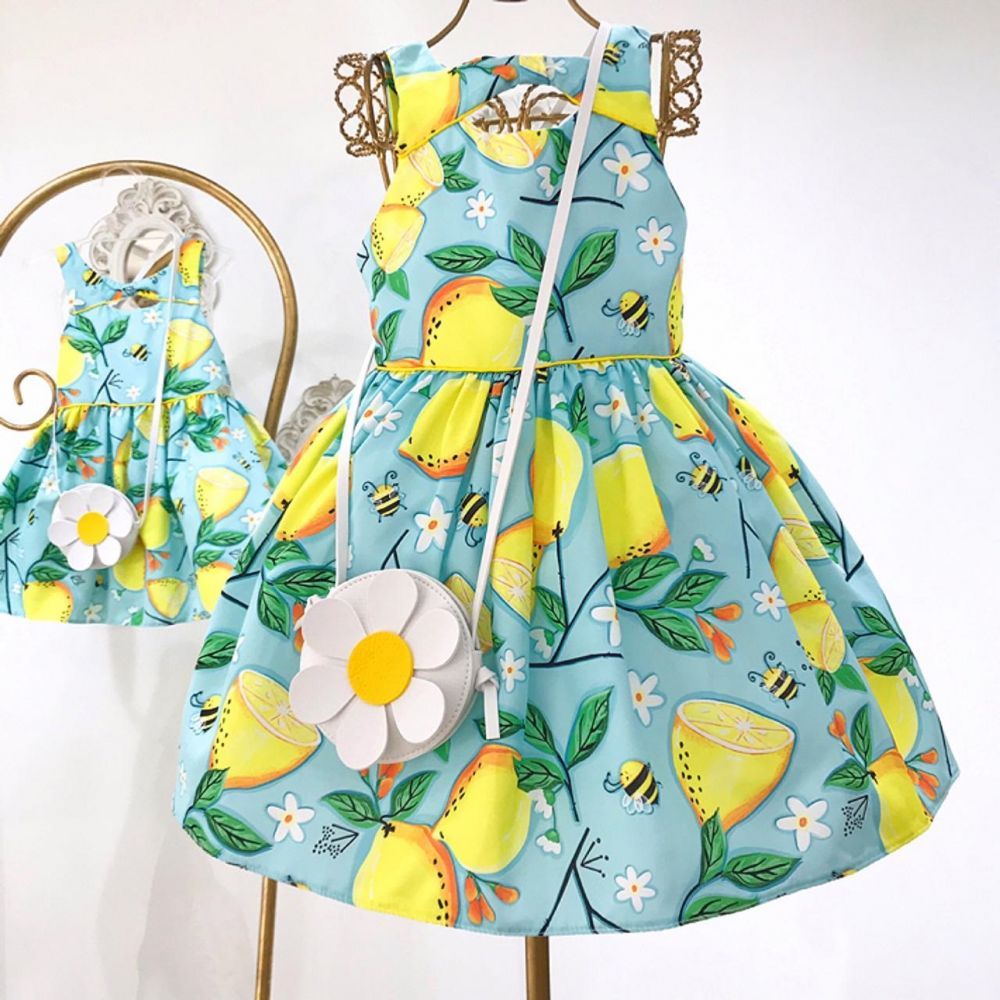 Vestido Infantil Estampado Lemon Fresh com Bolsinha de Margarida Mon Sucré