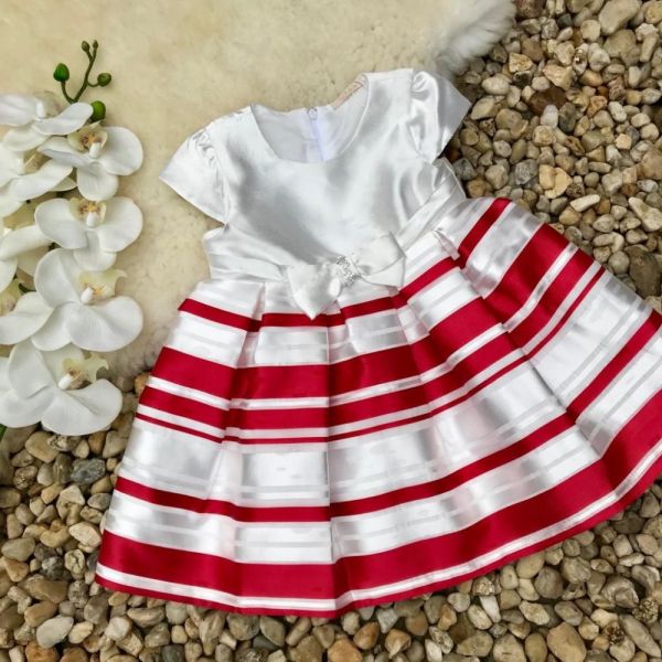 Vestido Infantil Listrado Branco e Vermelho Classic Red Petit Cherie