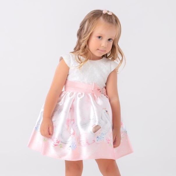 Vestido Infantil Rosa Texturizado Floral Bailarinas e Cisnes Petit Cherie