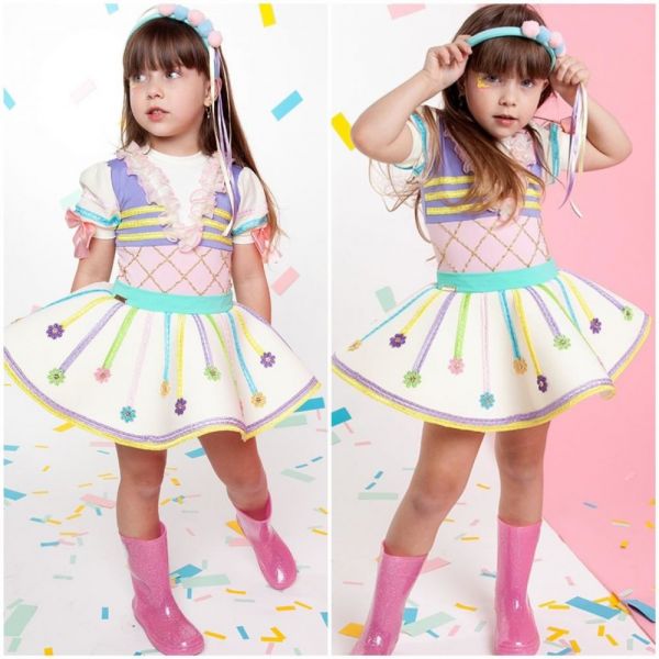 Vestido de Festa Infantil Fantasia Florzinhas Tule e Cetim Candy Colors Euro Baby
