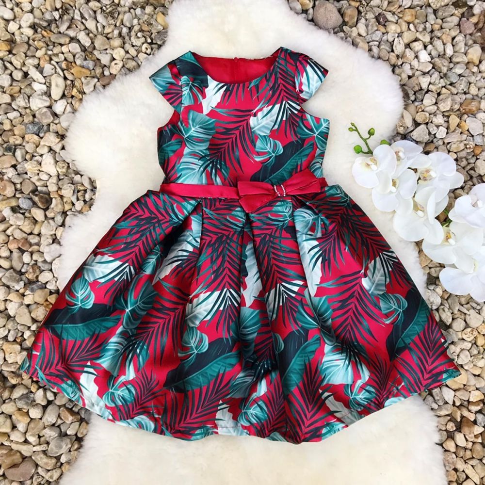 Vestido Infantil Filha Vermelho com Estampa de Folhagens Tropical Love Petit Cherie