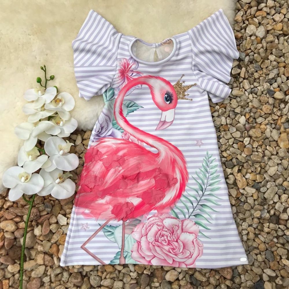 Vestido Infantil Flamingo Real com Aplicações Petit Cherie