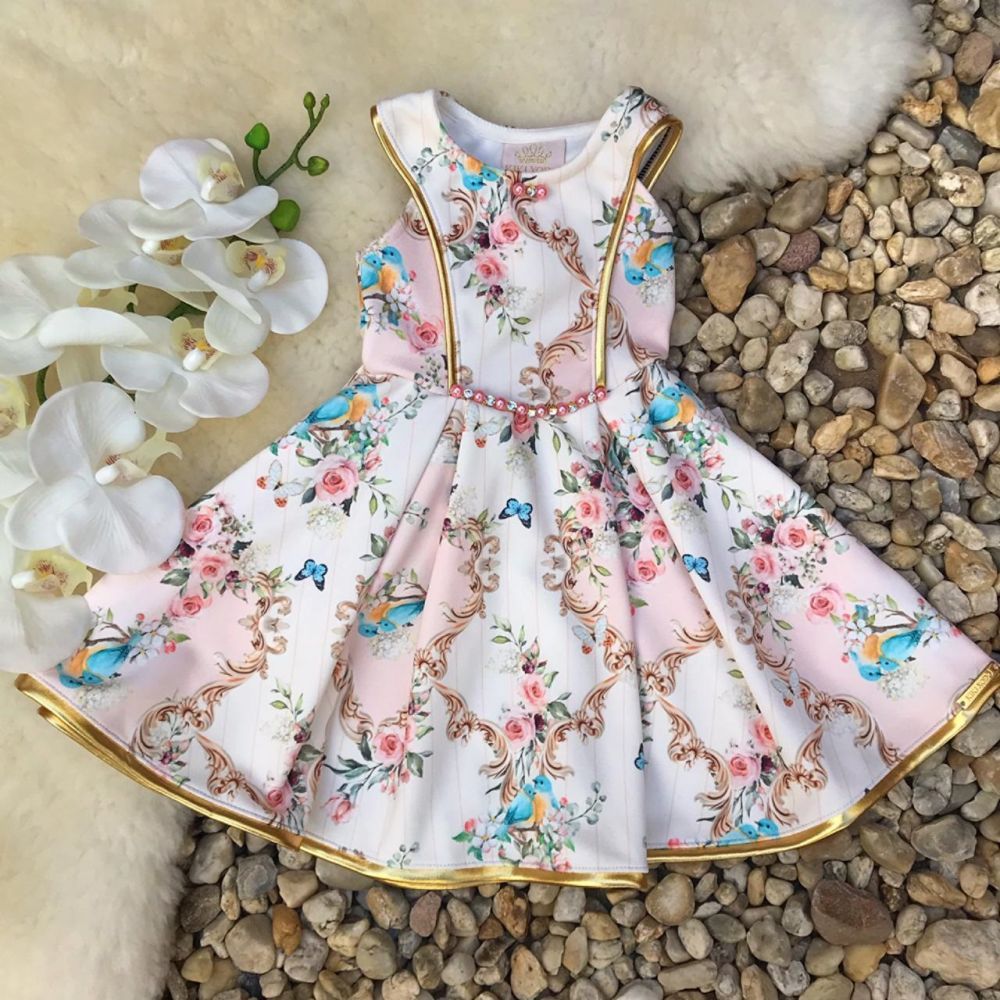 Vestido Infantil Floral com Detalhe Dourado Sweet Elegance Off White Kiki Xodó