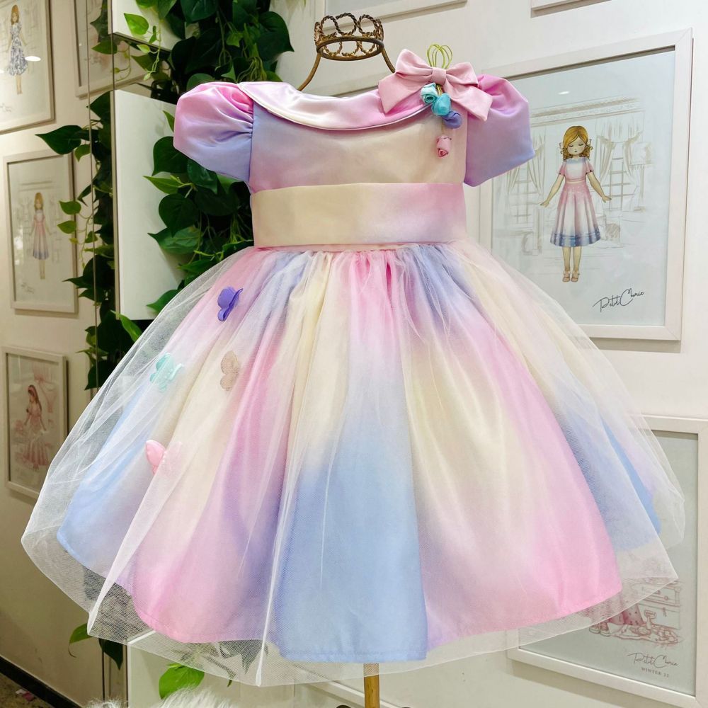 Vestido Infantil de Festa Gola de Princesa Candy Colors com Laço e Tule Com Borboletas Kopela