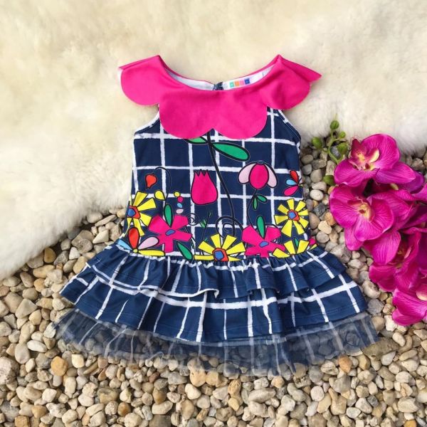 Vestido Infantil Gráfico Azul Marinho com Aplicação de Tule Flores MyLu
