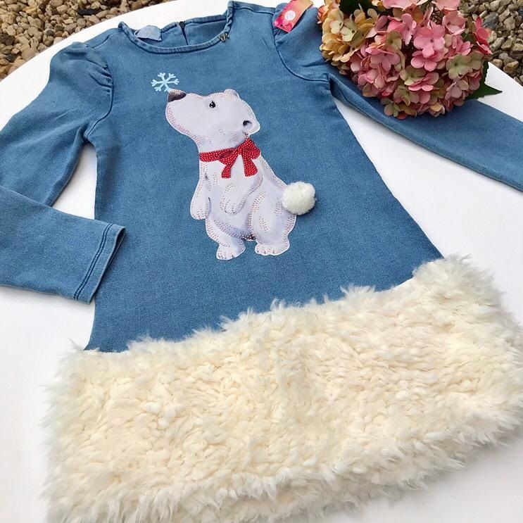 Vestido Infantil Jeans Manga Longa com Barra de Pelúcia Urso Polar Luluzinha