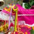 Vestido de Festa Infantil Junino Floral Amarelo e Laranja Detalhes em Cetim Kopela