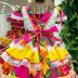 Vestido de Festa Infantil Junino Floral Amarelo e Laranja Detalhes em Cetim Kopela