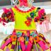 Vestido Infantil Junino Luxo Euro Baby Kids Amarelo Neon Tule Flores Babados e Renda