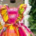 Vestido de Festa Infantil Junino Pink e Turquesa Detalhes em Cetim Kopela