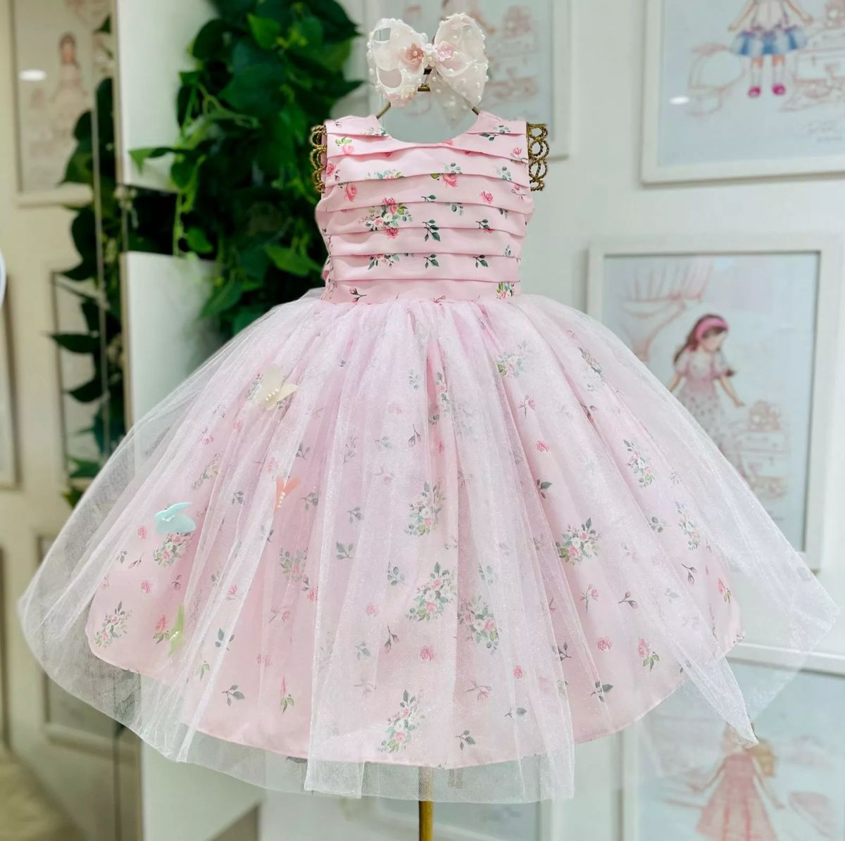 Vestido Infantil Kopela Cetim Bucol Rosa Flores Delicadas com Sobrep em Tule e Borboletas em 3D  