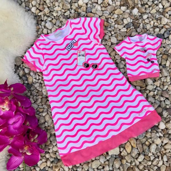 Vestido Infantil Listrado Rosa Neon Beach Vibes Momi