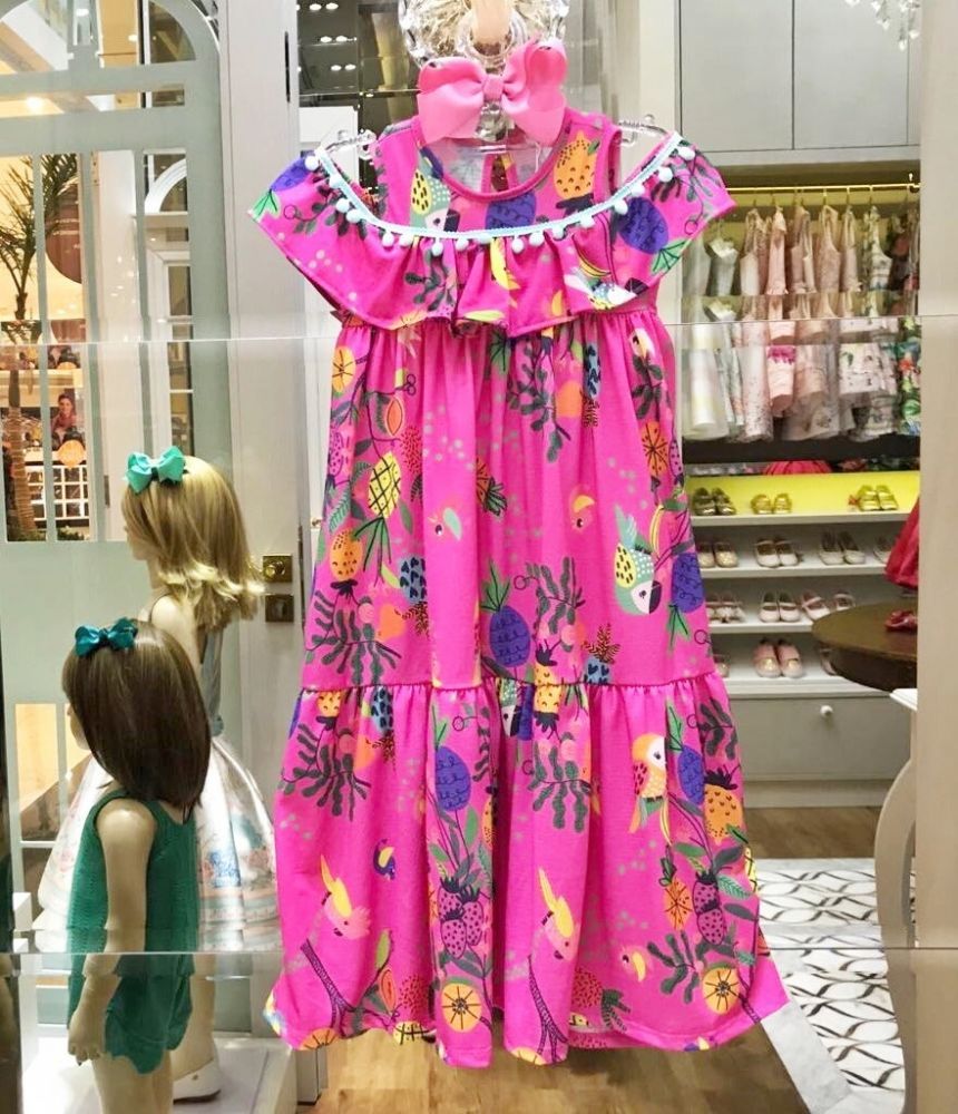 Vestido Infantil Longo com Pom Pons Tropical Fun Rosa Mon Sucré