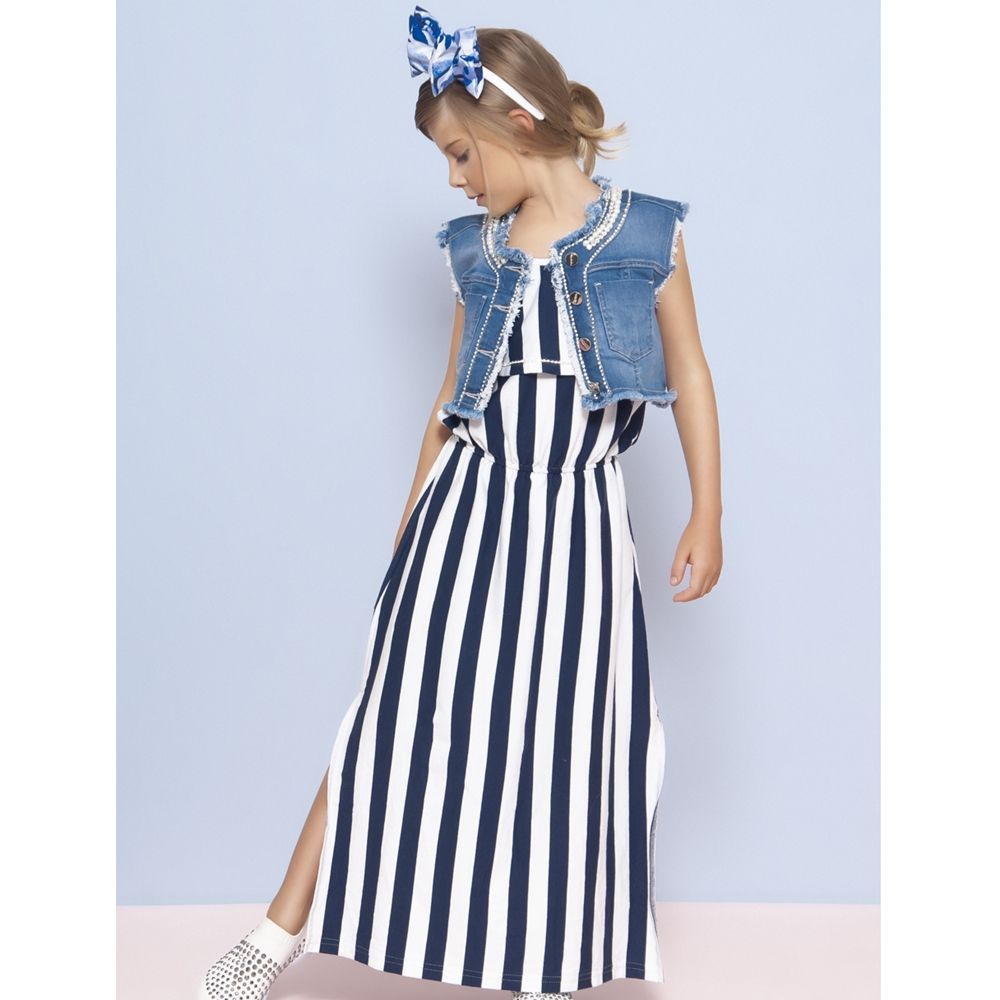 Vestido Infantil Longo de Alcinha Listrado com Strass Azul Marinho Pituchinhus