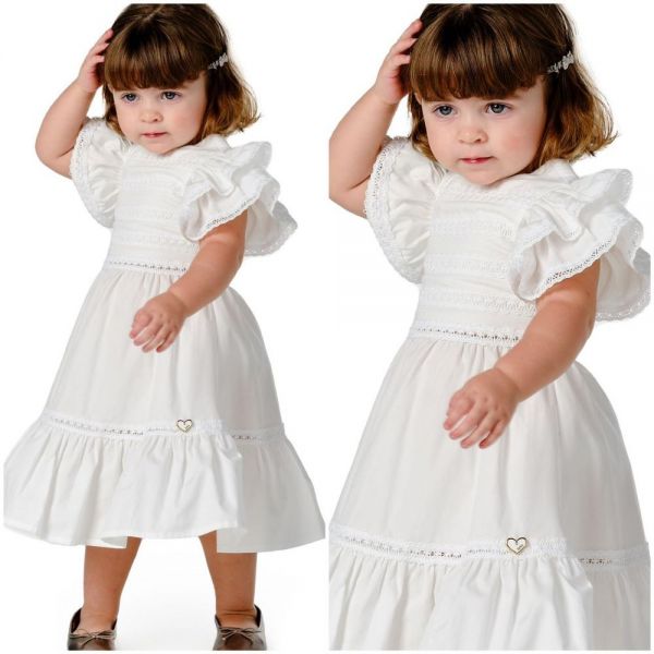 Vestido Infantil Luluzinha Off-White com Renda Entremeios e Bordados