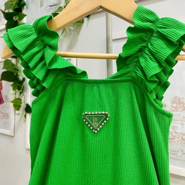 Vestido Infantil Luluzinha Verde Canelado com Strass