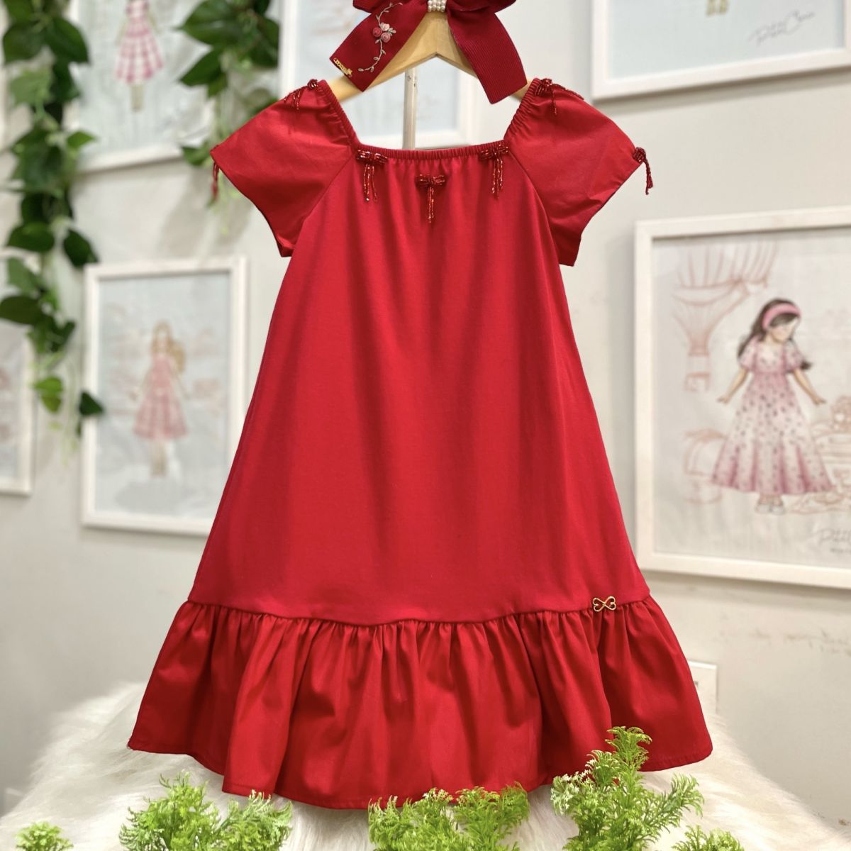 Vestido Infantil Luluzinha Vermelho Bordado Pedrarias Laço