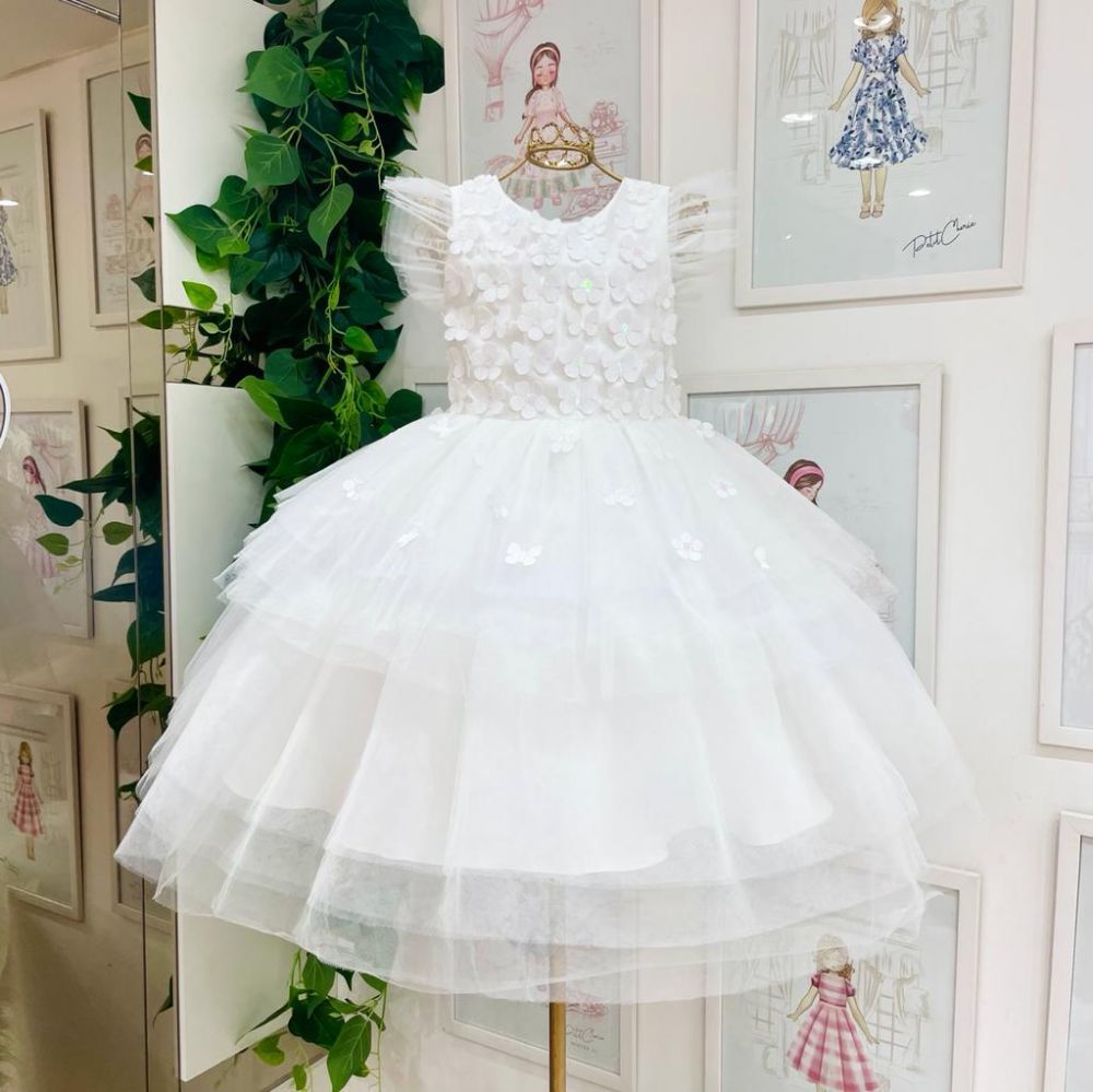 Vestido Infantil de Festa Luxo Off White com Tule em Camadas Borboletas Flores em 3D Petit Cherie  
