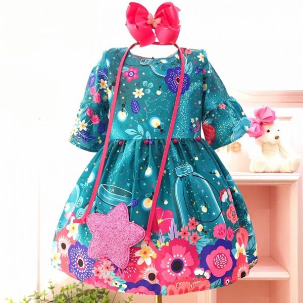 Vestido Infantil Manga 3/4 com Bolsinha de Estrela Jardim Noturno Mon Sucré