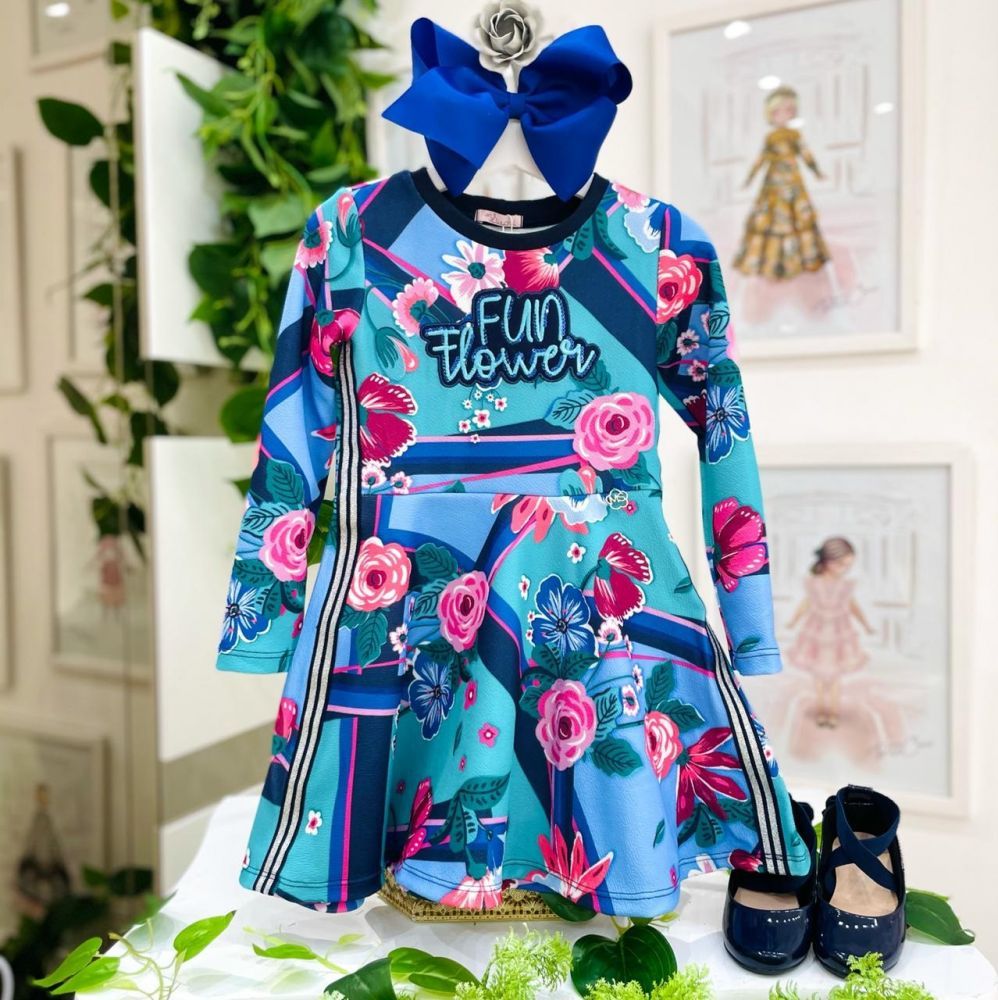 Vestido Infantil Manga Longa Azul Estampado Flores Botanic Mon Sucré