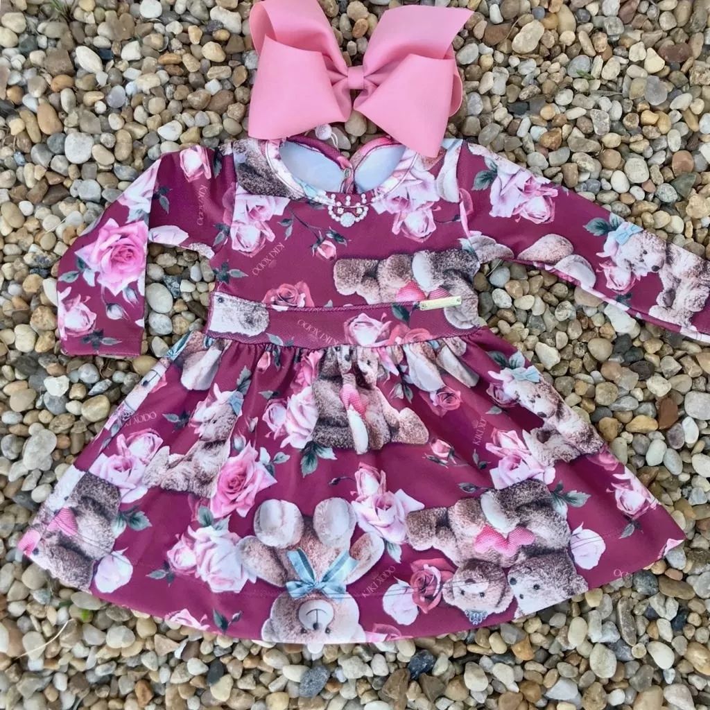 Vestido Infantil Manga Longa Estampado Princesa Ursinha Vinho Kiki Xodó