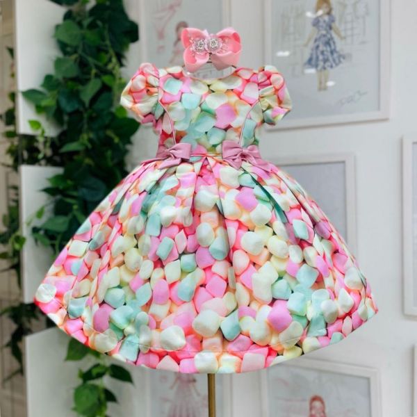 Vestido Infantil de Festa Marshmallow Princesa com Laços Rosé de Cetim Kopela