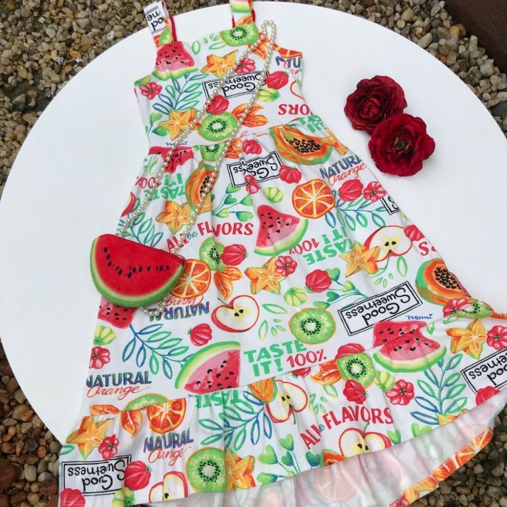 Vestido Infantil Longo Mullet Estampado Salada de Frutas Momi