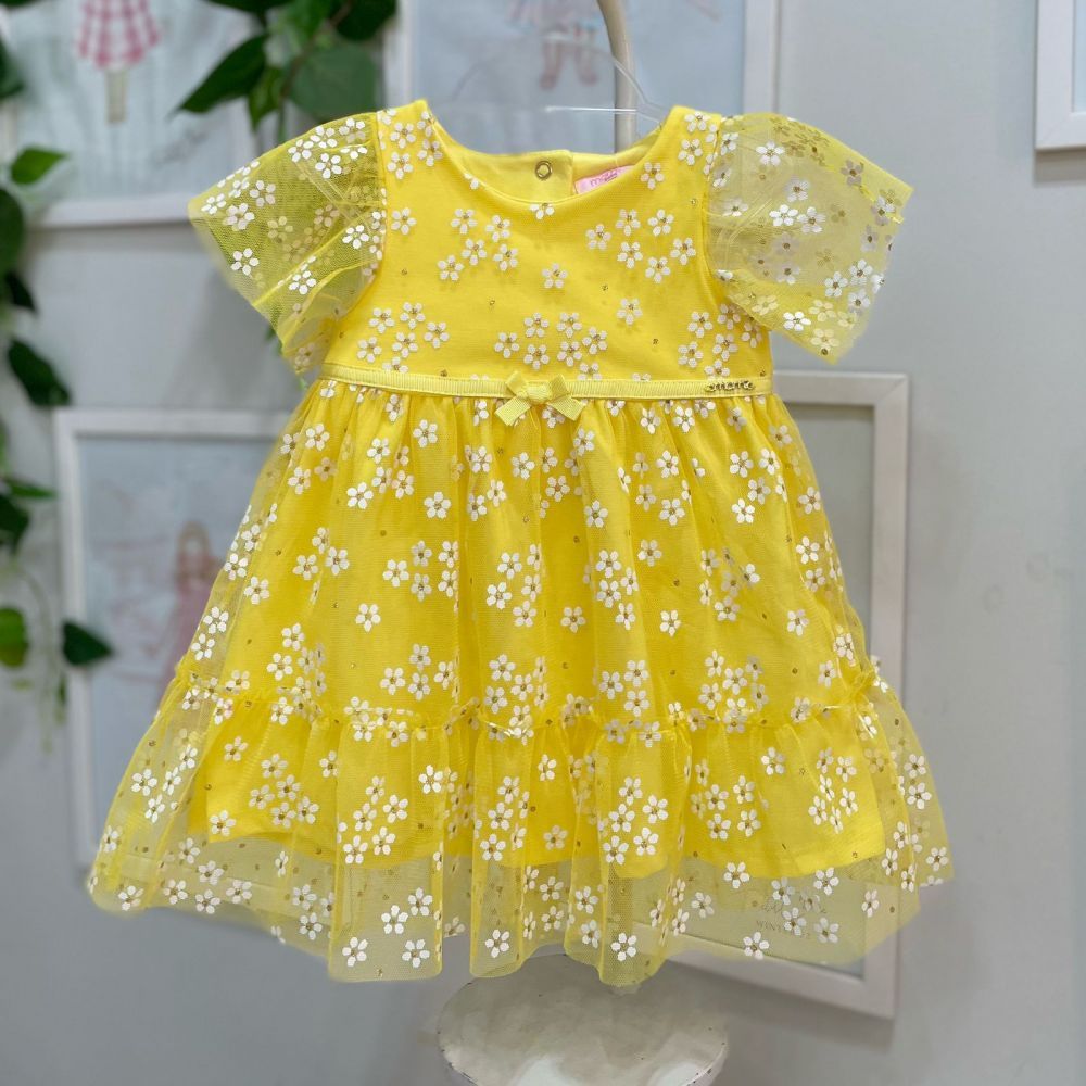 Vestido Infantil Momi Amarelo de Tule com Brilho e Estampa de Margaridas