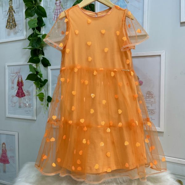 Vestido Infantil Momi Laranja Neon Sobrep. Tule Bordado Corações Paetês