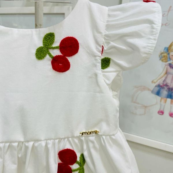 Vestido Infantil Momi Off-White Cerejas com Shorts Manga Babado