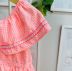 Vestido Infantil Momi Rosa Neon Xadrez com Gola de Babado