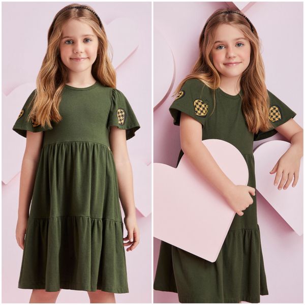 Vestido Infantil Momi Verde Militar Corações Manga Babado