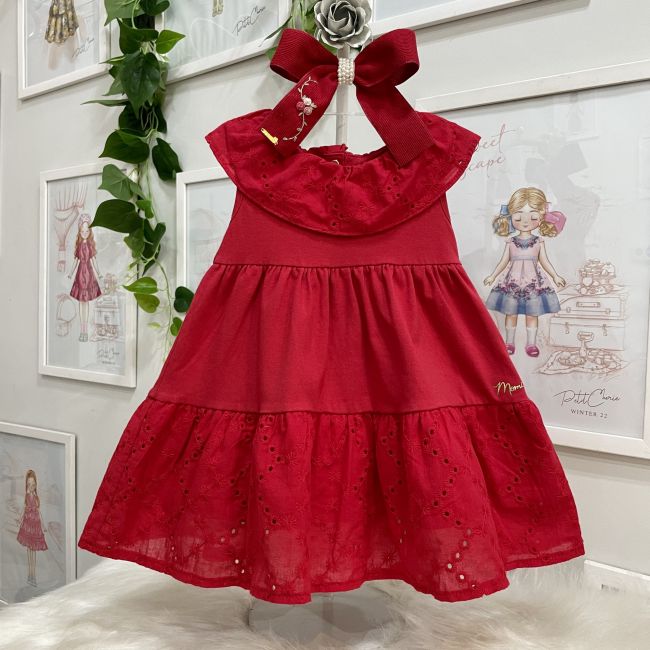 Laço Infantil Roana Vermelho de Veludo com Flores Bordadas e Mini-Pérolas