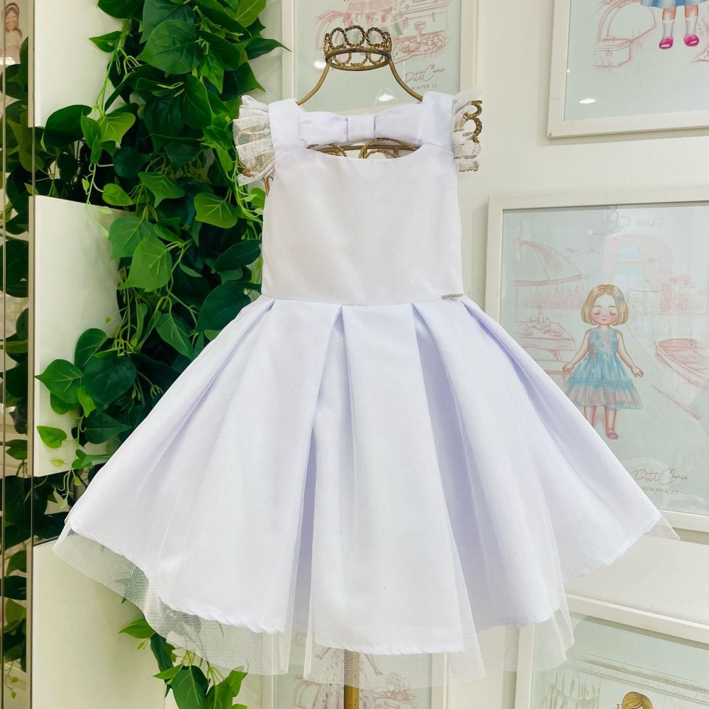 Vestido Infantil Mon Sucré Branco Celebrar Sobreposição em Tule Texturizado com Glitter