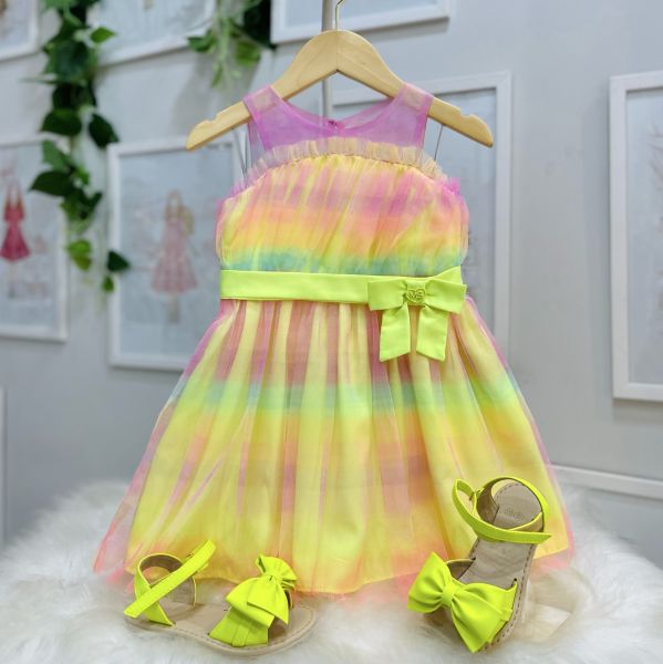 Vestido Infantil Mon Sucré Colorido Neon Sobrep. Tule Rosa Faixa Amarela 