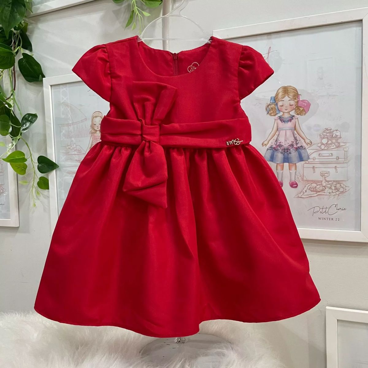 Vestido Infantil Mon Sucre Vermelho Faixa com Laço e Manga Bufante