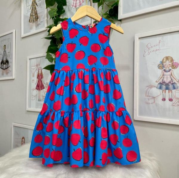 Vestido Infantil Mylu Azul com Maças Vermelhas