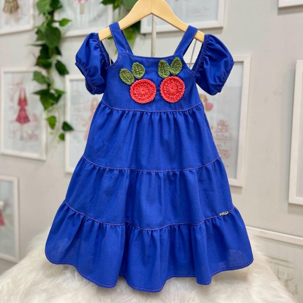 Vestido Infantil Mylu Azul Royal de Linho com Cerejas em Crochê