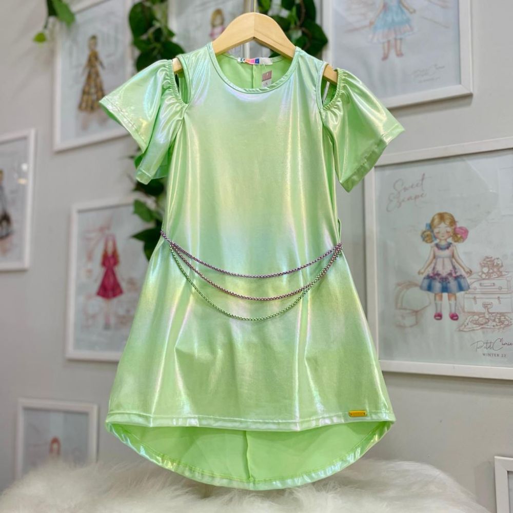 Vestido Infantil Mylu Verde Cintilante com Cinto Colorido Correntes
